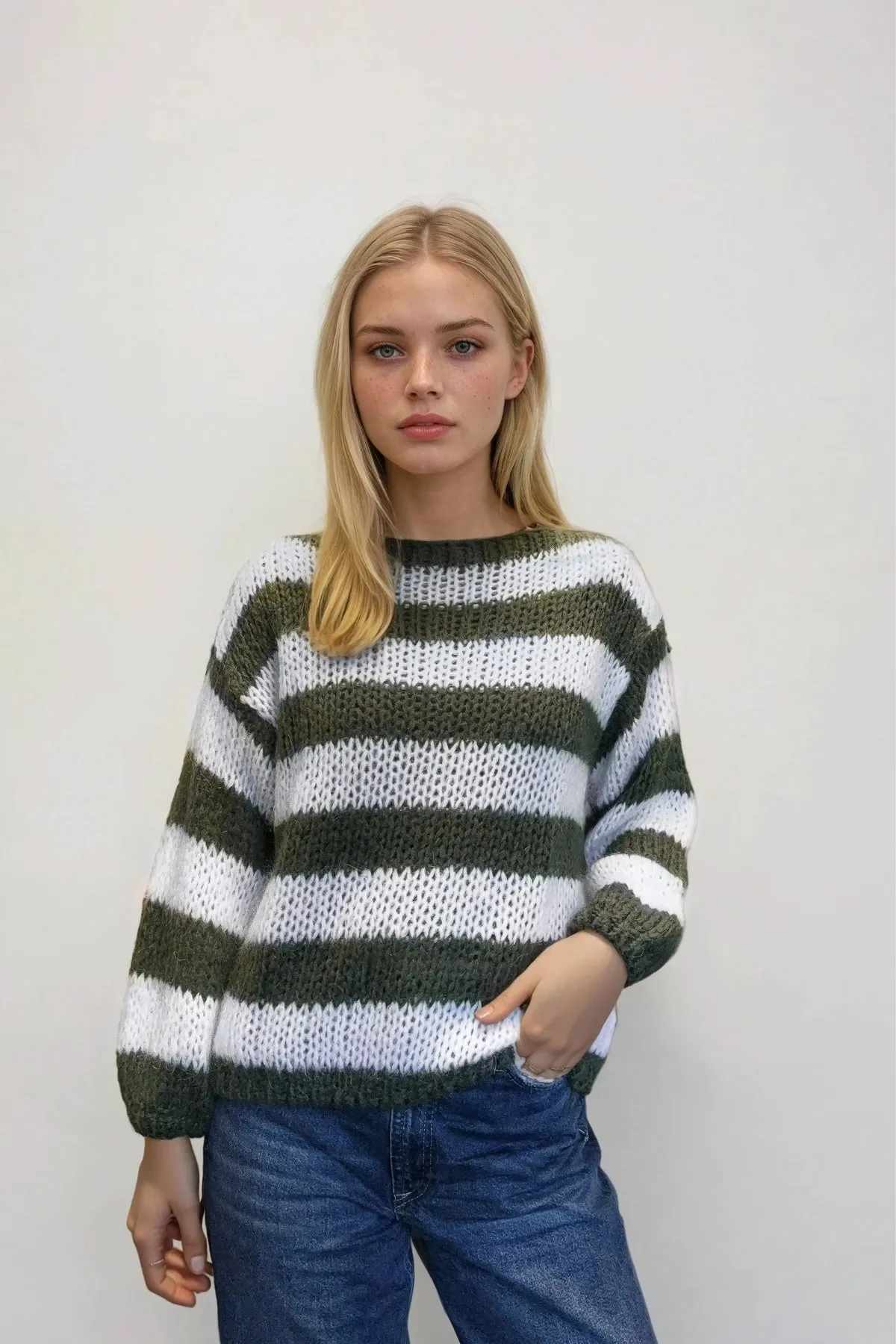 Mila Striped Knitted Sweater - Khaki/White