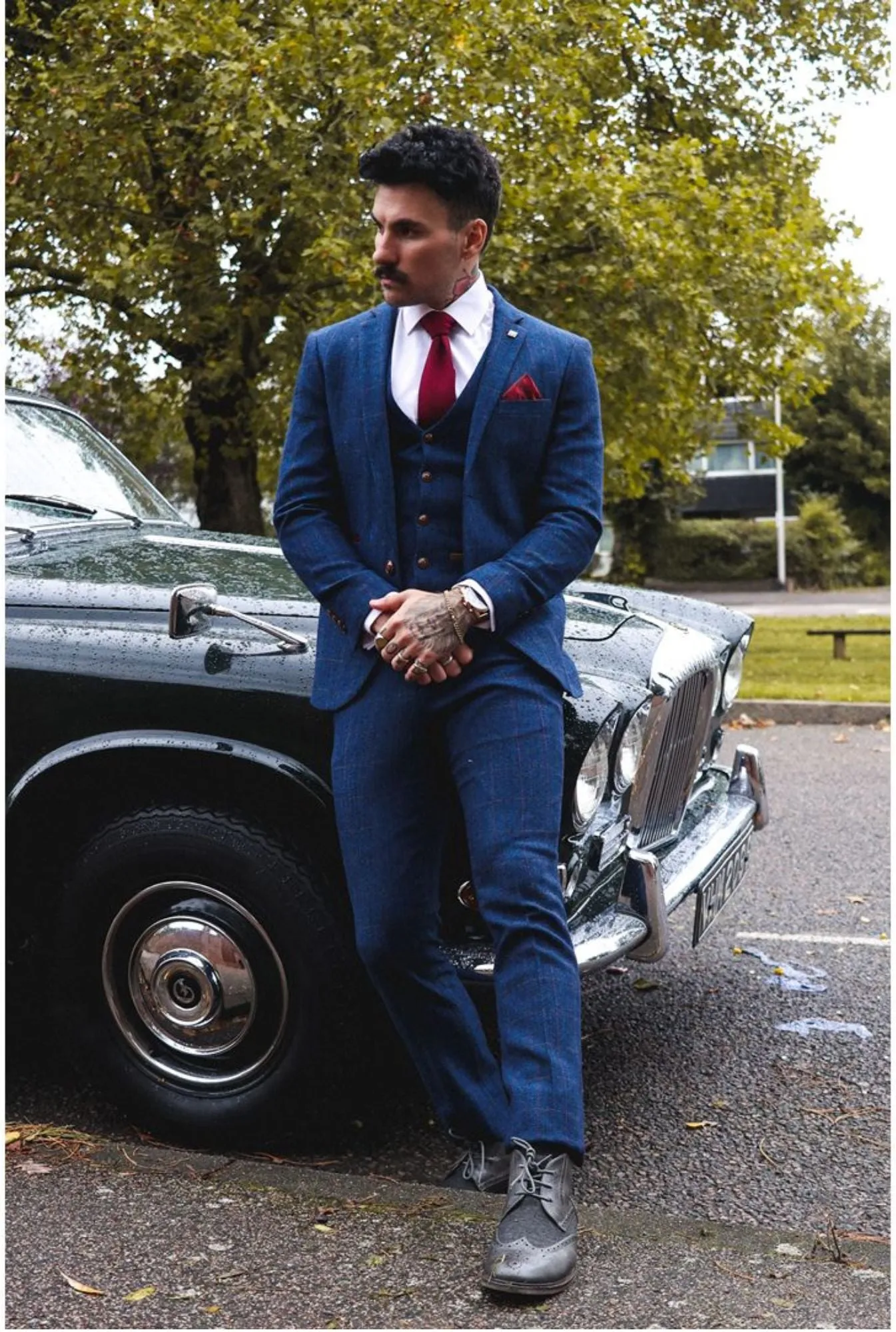 Scott Blue 3 Piece Tweed Check Suit