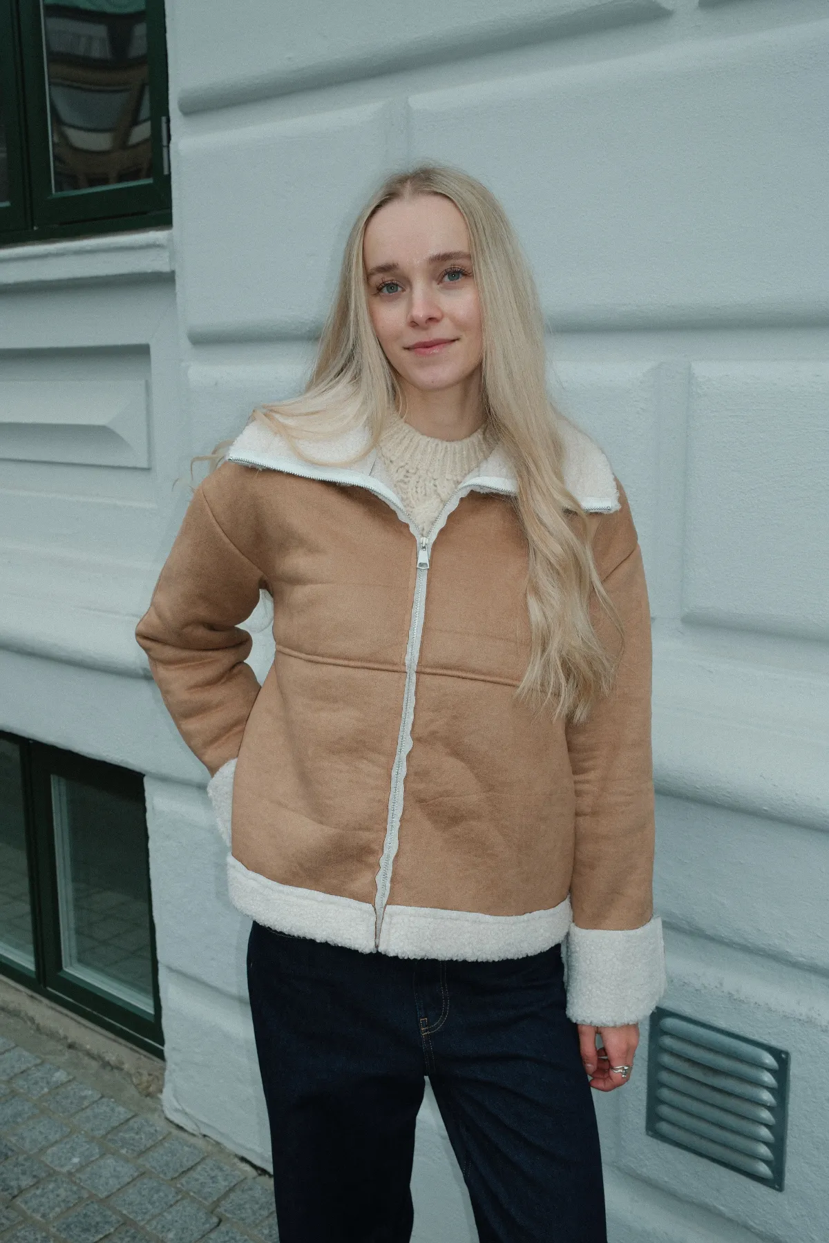 Shearling Zipper Coat - Beige