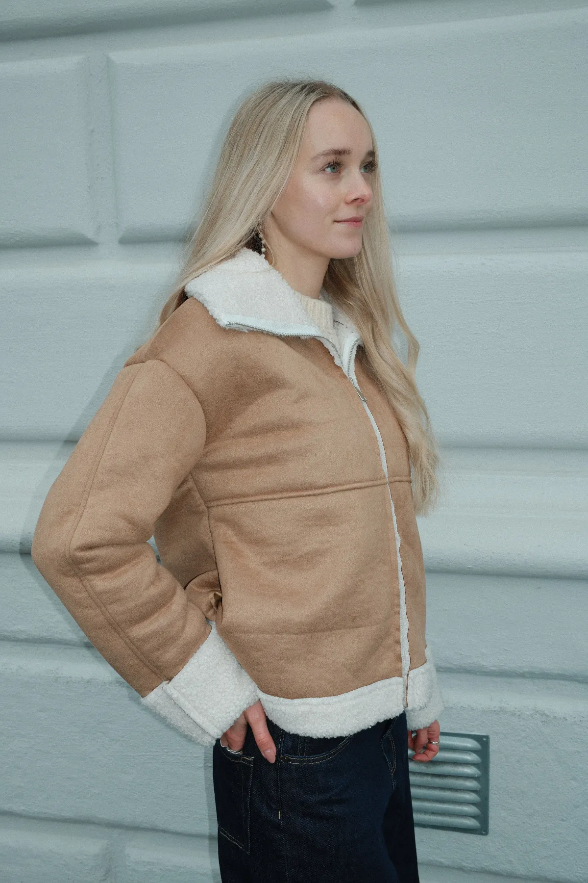 Shearling Zipper Coat - Beige