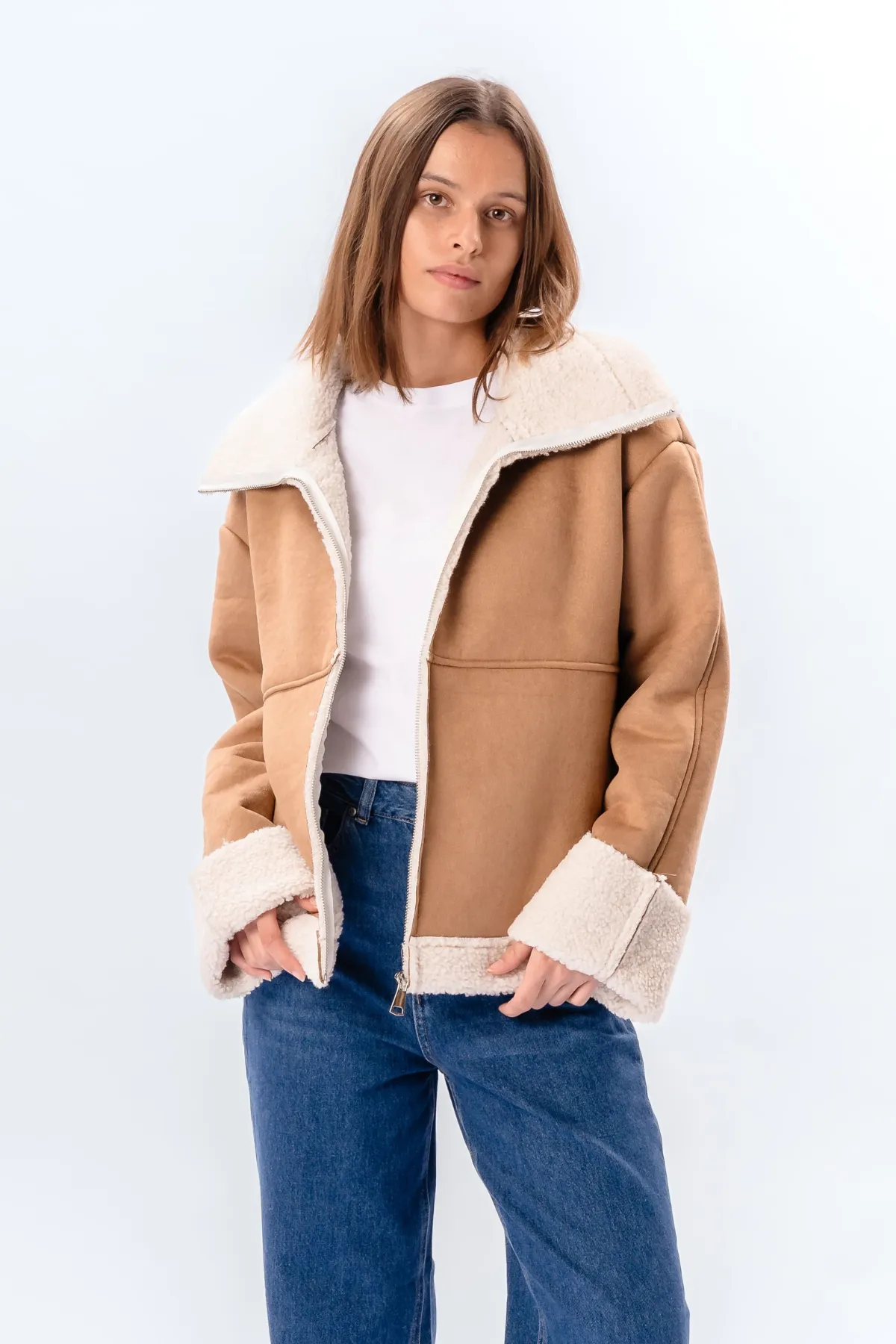 Shearling Zipper Coat - Beige
