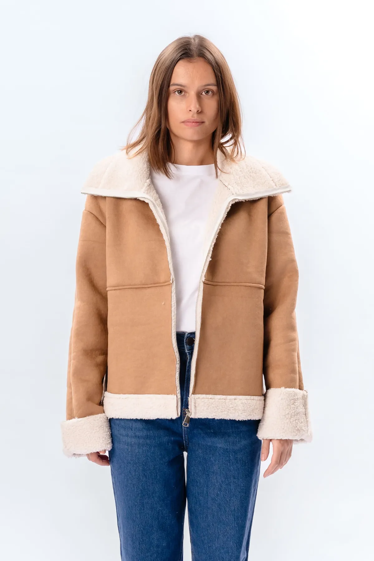 Shearling Zipper Coat - Beige