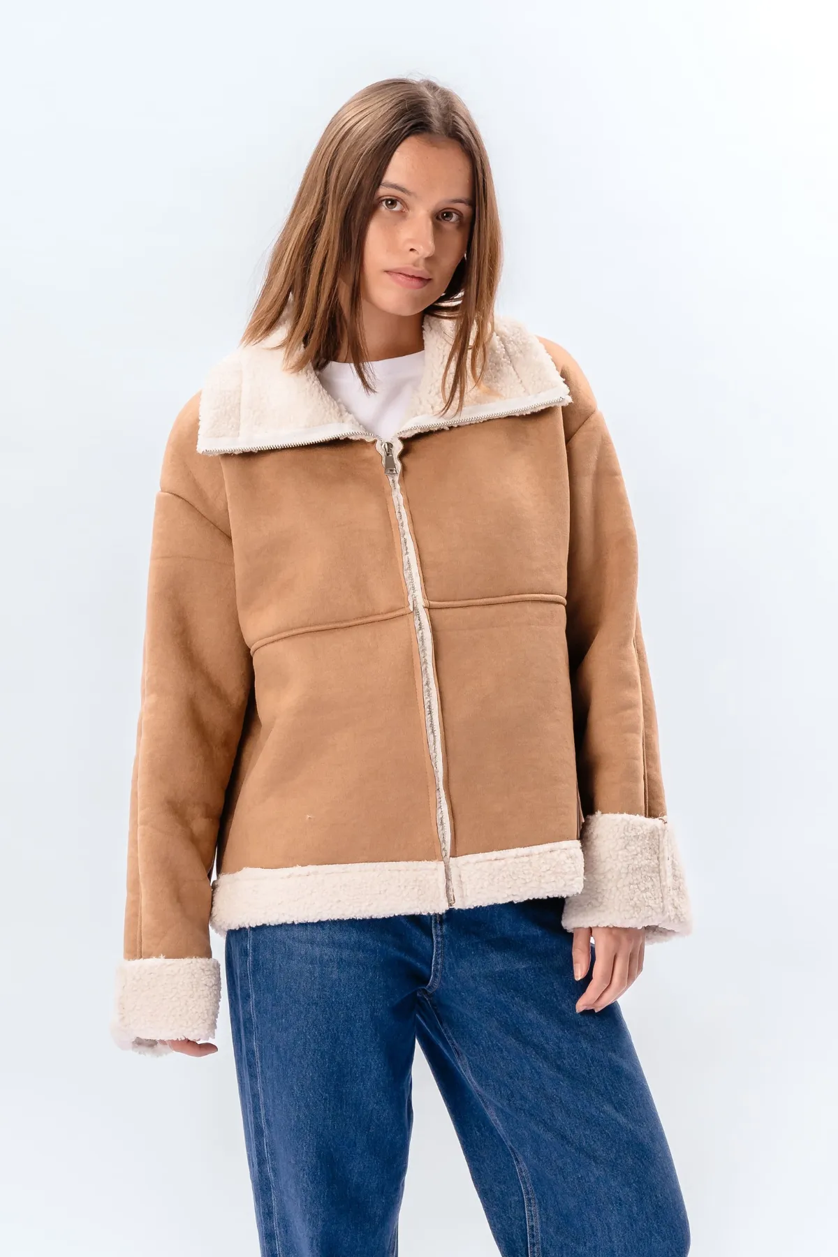 Shearling Zipper Coat - Beige