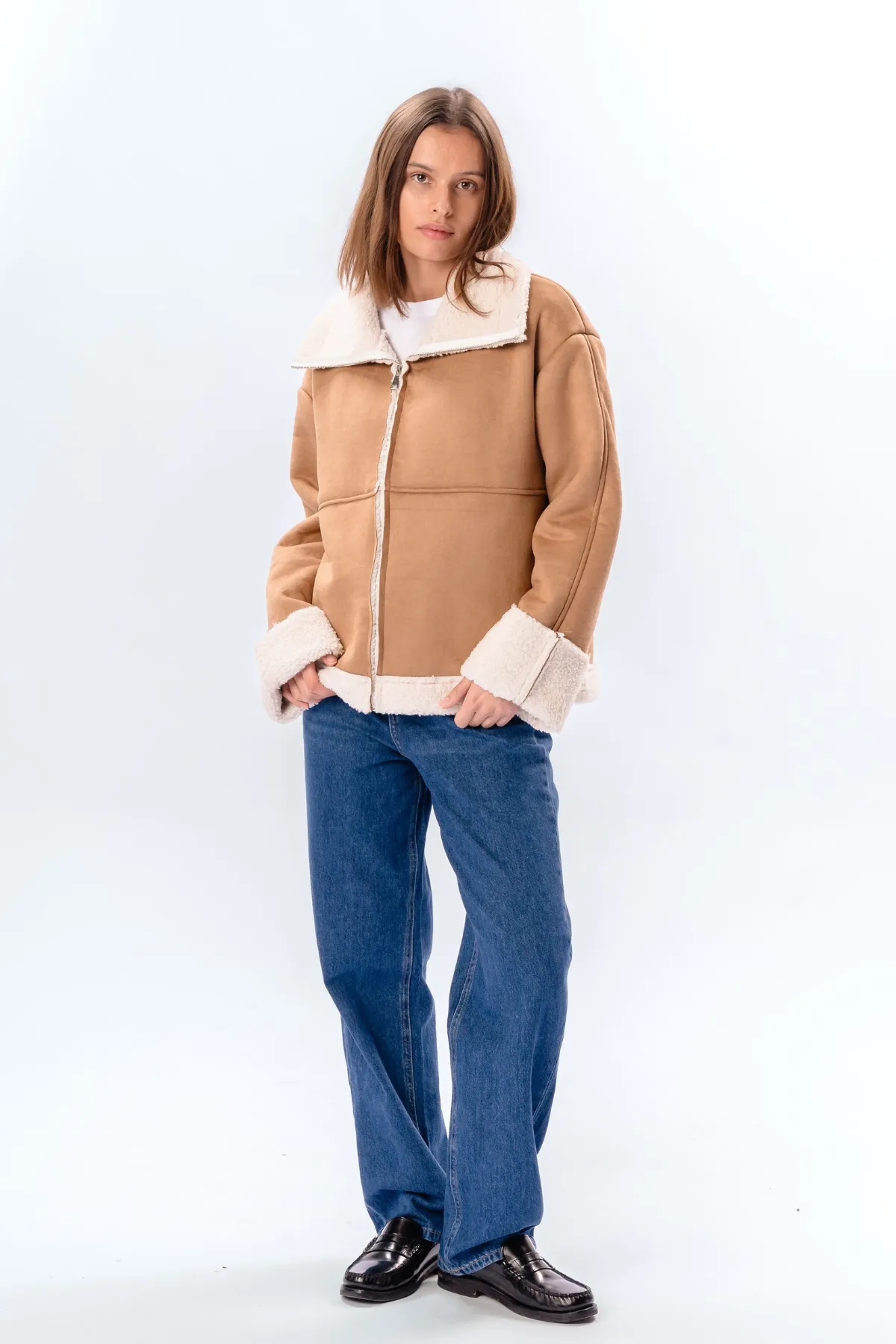 Shearling Zipper Coat - Beige