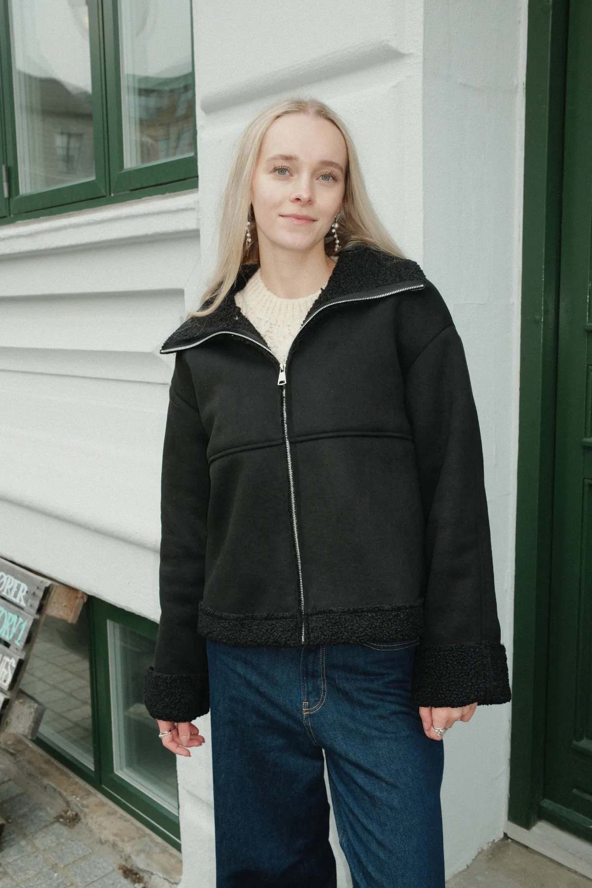 Shearling Zipper Coat - Black
