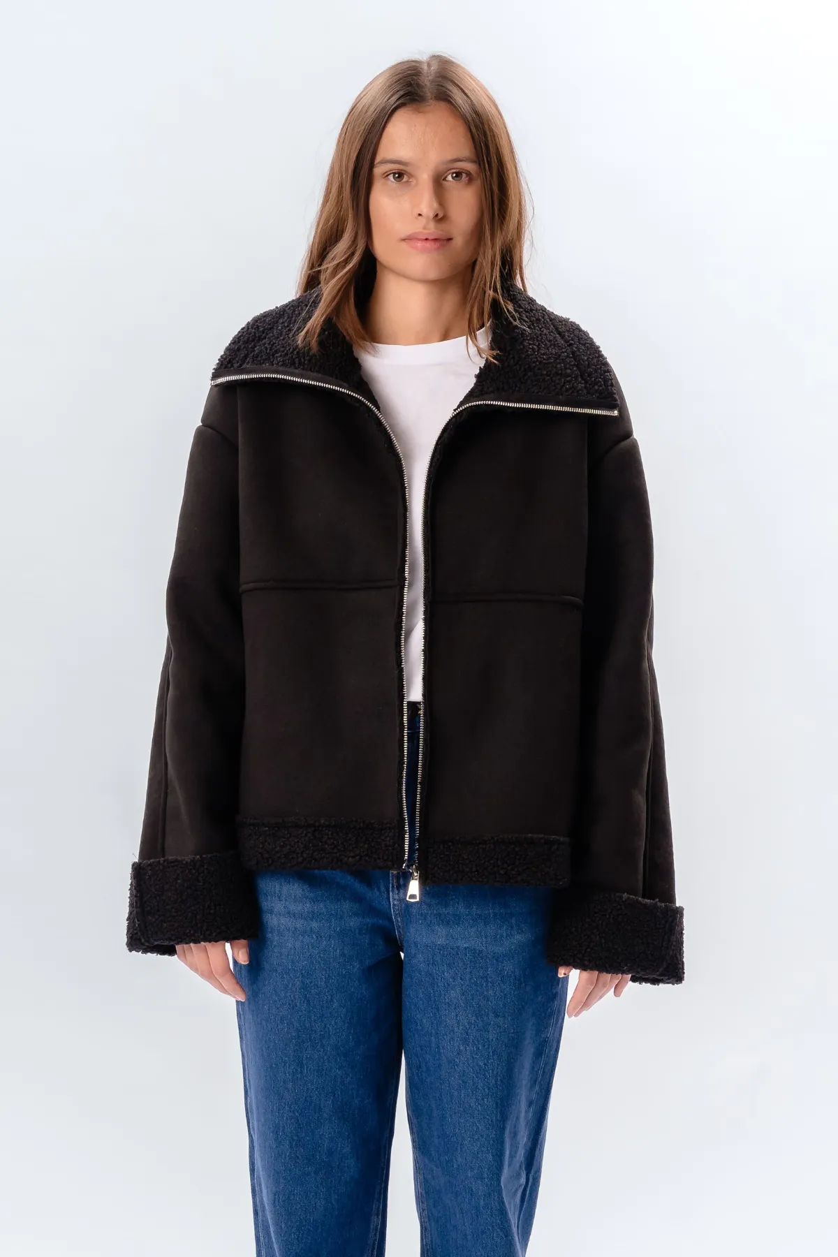 Shearling Zipper Coat - Black