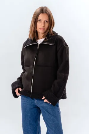 Shearling Zipper Coat - Black